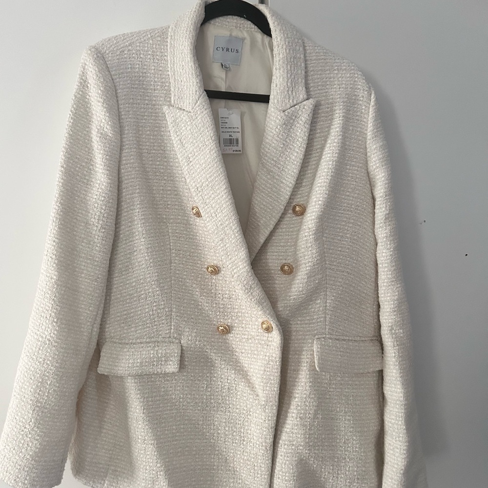 Brand New-Cyrus White Double-Breasted Work Blazer with Wide Lapels